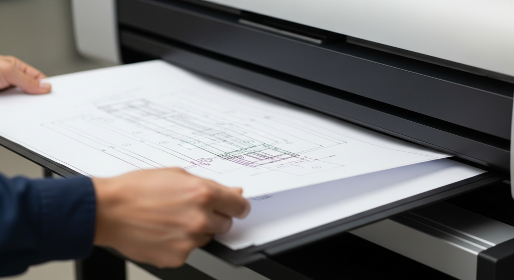 Close up image of a person's hands feeding an oversized technical drawing into a scanner
